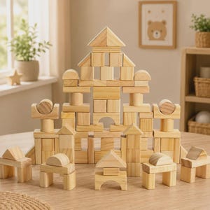 May include: A large castle structure built from natural light-colored wooden building blocks. The set includes various shapes such as rectangular prisms, cubes, cylinders, arches, and triangular roof pieces arranged in a symmetrical formation.