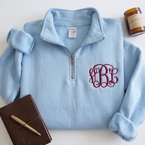 Puede incluir: Una sudadera azul claro con cremallera de un cuarto y un monograma bordado en color rojo oscuro en el pecho izquierdo. La prenda cuenta con una cremallera plateada, un cuello alto y mangas largas con los puños doblados hacia arriba.