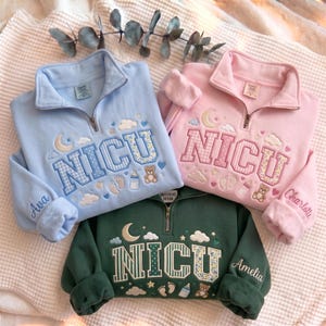 Sudadera con cremallera de un cuarto bordada a medida para enfermeras de la UCIN, jersey neonatal personalizado con patchwork, regalo para enfermeras registradas