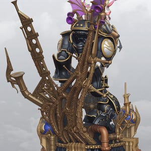 May include: A detailed figurine featuring a black and gold armored mechanical figure with purple wings, standing on a complex base with bronze-colored pipes, gears, and structural elements, including a tall, angular, pipe-like tower structure.