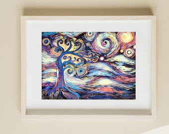 Swirly Tree Night Sky Impressionist Art Print Signed by Artist Natasha Bouchillon