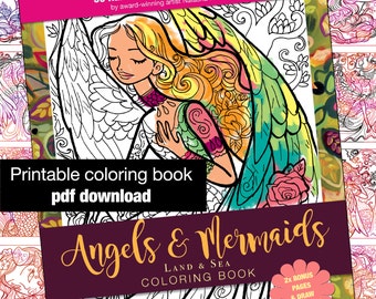 PDF PRINTABLE Coloring Book Angels & Mermaids: Land and Sea Fantasy Art Therapy Natasha WESCOAT