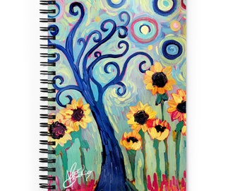 Sunny Field Swirly Tree Sunflowers Natasha Bouchillon Art Spiral notebook