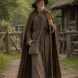 May include: A brown hooded cloak worn over a long-sleeved brown tunic with a matching belt and a pointed hat. The outfit includes a brown shoulder bag and a wooden staff. The attire is completed with dark brown leather boots.