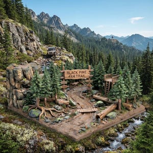 Könnte beinhalten: Ein detailliertes Diorama eines schlammigen Offroad-Pfades mit der Aufschrift Black Pine 4x4 Trail, mit Miniatur-Kiefern, einem hölzernen Aussichtsturm, umgestürzten Baumstämmen und einer kleinen Brücke vor einer felsigen Berglandschaft mit Fahrzeug.