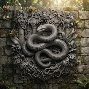 May include: A dark grey stone wall relief sculpture featuring a large coiled snake at the centre. The intricate carving includes detailed jungle foliage, vines, small monkey figures, and a lion head emblem integrated into the architectural design.