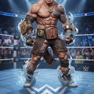 May include: A muscular wrestler standing in a ring, wearing brown shorts, dark wristbands, and a gold chain. A large championship belt with a red center plate is fastened around the waist. Blue energy effects swirl around the arms and legs.