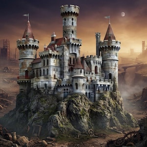 May include: A stone castle with multiple towers, red conical roofs, and small flags, perched atop a rocky cliff. The surrounding landscape is desolate and barren, featuring scattered debris, metallic gears, and a dim, hazy sky with a moon.