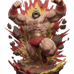 May include: A muscular, bearded figure with a mohawk hairstyle, wearing red trunks, red wristbands, and a gold belt. The figure is in a dynamic, shouting pose with arms raised, surrounded by a sculpted explosion effect with debris and rocks.