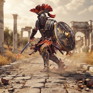 May include: A warrior in dark metallic armor with gold accents and a red-plumed helmet, holding a sword with a glowing orange blade and a circular shield featuring intricate gold engravings, standing on a stone path amidst ancient ruins.