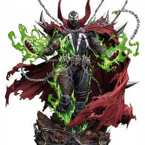 Puede incluir: Una figura de acción detallada de Spawn con un traje negro y blanco, una capa roja fluida y cadenas plateadas. El personaje está rodeado de efectos de energía verde vibrante, sobre una base oscura y ornamentada con detalles de calaveras.
