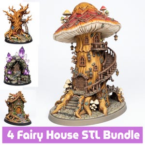 May include: A collection of four miniature fantasy structures including a large mushroom house with a spiral staircase, a tree house, a crystal-encrusted cave dwelling, and a cottage, all featuring detailed textures and painted finishes.