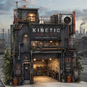 Peut inclure: Un atelier industriel à deux étages portant l'inscription KINETIC WORKSHOP BUILD MODIFY SOLVE avec une baie de garage ouverte révélant des outils, des tuyaux en cuivre, un éclairage extérieur et le panneau 07 SAFETY IS FREEDOM.