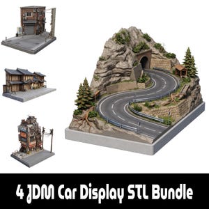 May include: A collection of four 3D printable dioramas featuring a winding mountain road with a tunnel, a brick urban building, a traditional wooden house structure, and a multi-story city building with signage, labeled 4 JDM Car Display STL Bundle.