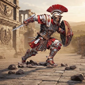 May include: A Roman soldier figurine in silver and red armor, wearing a helmet with a red crest, holding a sword in the right hand and a round shield in the left. The figure is in a dynamic combat stance on a stone-textured base with loose rocks.