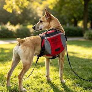 以下が含まれることがあります： 黒いハンドルと調節可能なストラップが付いた赤とグレーの犬用バックパックハーネスを装着した茶色の犬。バックパックには、小さな足跡で作られたハート型のグラフィックがあり、ハートのデザインの中央にBellaという名前が印刷されています。