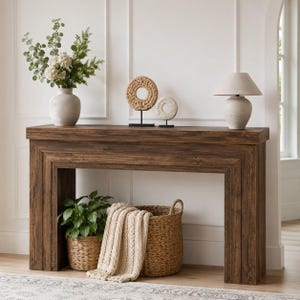 May include: A dark brown wooden console table with a thick frame. On top sits a white vase with green foliage, two circular textured sculptures on black stands, and a beige table lamp. Below, a woven basket holds a green plant and a beige throw blanket.