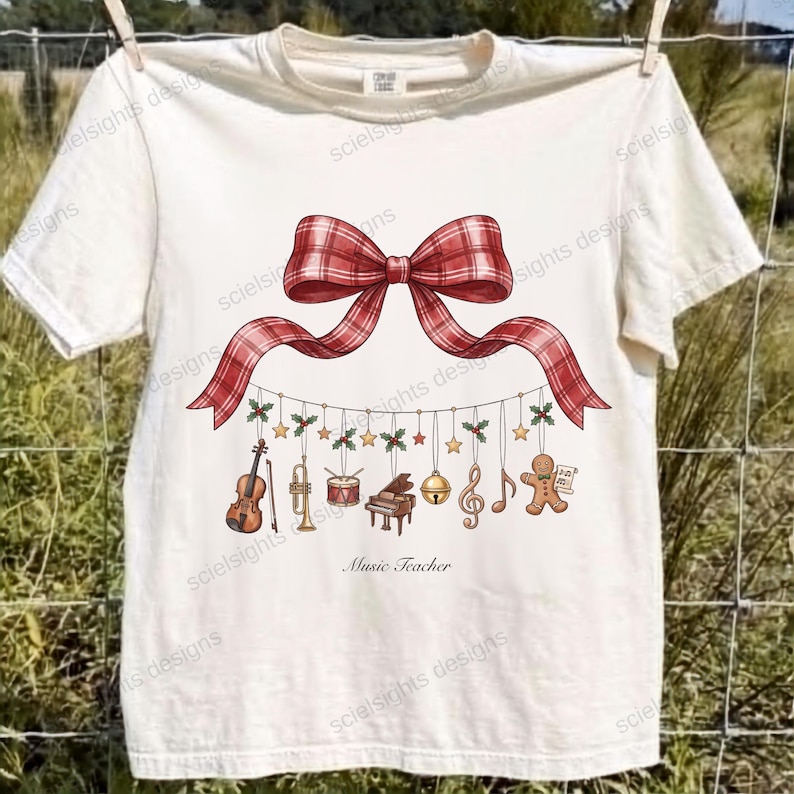 Music Teacher Christmas Png, Watercolor Plaid Bow Ornaments Design ...