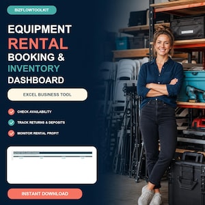 Puede incluir: Una herramienta empresarial de Excel para alquiler de equipos y gestión de inventario. El gráfico incluye el texto BIZFLOWTOOLKIT, CHECK AVAILABILITY, TRACK RETURNS & DEPOSITS, MONITOR RENTAL PROFIT e INSTANT DOWNLOAD, junto a una vista previa.