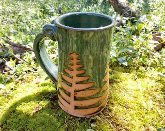Handmade Fern Pottery Mug, Green Glaze, 16 oz