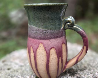 Pottery Mug, Blue and Purple Drippy Glaze, Two Cup Coffee Mug