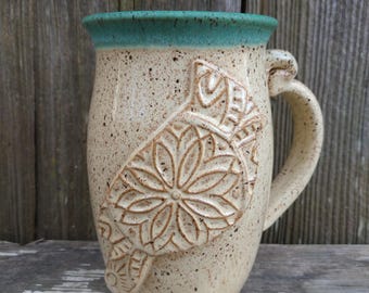 Handmade Pottery Mug, Stamped Mandala Cardinal Design