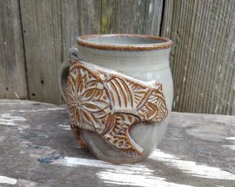 Stamped Pottery Bear Mug, Mandala Design