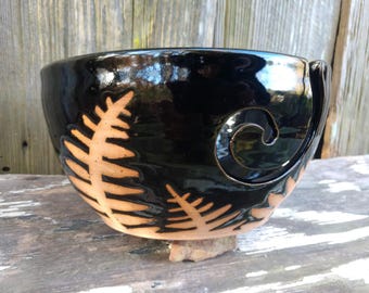 Black Fern Pottery Yarn Bowl, Handmade Ceramic Knitting Bowl