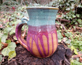 Pottery Mug, Blue and Purple Drippy Glaze, Two Cup Coffee Mug