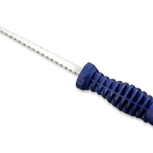 May include: A hand saw featuring a long, thin, silver-colored metal blade with a serrated edge and a dark blue, textured, ergonomic plastic handle. The tool is designed for precision cutting tasks, showcasing a sharp, pointed tip and a sturdy grip.