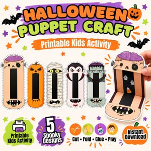 Könnte beinhalten: Ein Halloween-Puppen-Bastelset zum Ausdrucken für Kinder mit fünf gruseligen Designs, darunter ein Monster, ein Kürbis, eine Mumie, ein Vampir und Frankenstein. Das Set enthält Anleitungen zum Schneiden, Falten, Kleben und Spielen mit den Figuren.