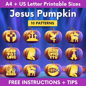 Peut inclure: Un graphique numérique présentant 10 modèles de sculpture de citrouille intitulés Jesus Pumpkin. L'image montre des citrouilles orange avec des découpes jaunes lumineuses de symboles religieux, dont des croix, une colombe et un agneau.