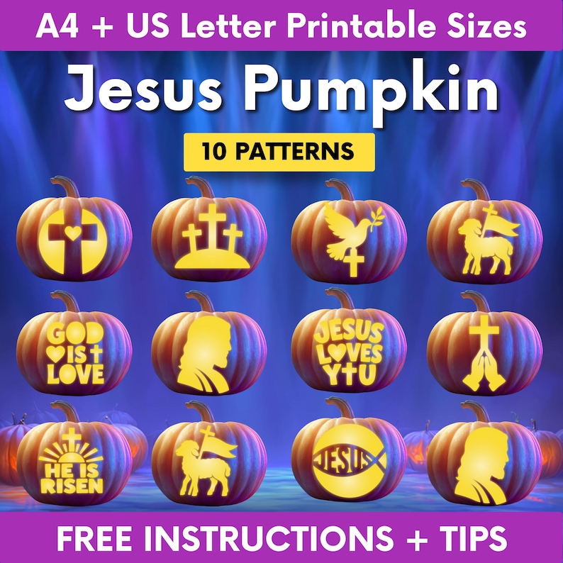 May include: A digital graphic displaying 10 pumpkin carving patterns titled Jesus Pumpkin. The image features orange pumpkins with yellow glowing cutouts of religious symbols including crosses, a dove, a lamb, and text like God Is Love.