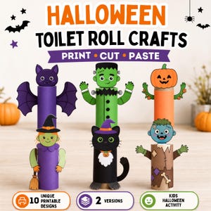May include: A set of six Halloween-themed toilet roll crafts featuring a purple bat, a green Frankenstein monster, an orange pumpkin, a witch, a black cat, and a zombie. The text reads HALLOWEEN TOILET ROLL CRAFTS PRINT CUT PASTE 10 UNIQUE PRINTABLE DESIGNS 2 VERSIONS KIDS HALLOWEEN ACTIVITY.