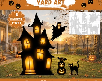 May include: A digital file set for Halloween yard art featuring four black silhouette designs: a haunted house, a ghost, a stack of three jack-o'-lanterns, and a cat. The set includes grid-lined templates for printing and cutting.