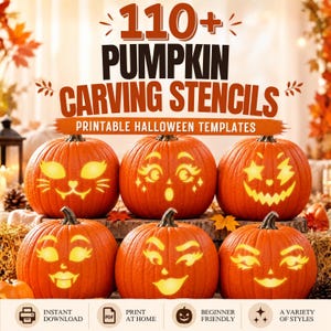 May include: A digital collection of 110+ pumpkin carving stencils and printable Halloween templates. The image displays six orange pumpkins, each featuring a unique glowing face design, including cat, star, and lightning bolt patterns.