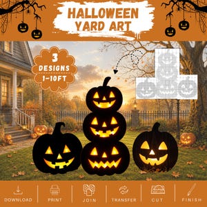 Può includere: Decorazioni da giardino di Halloween con tre disegni di zucche nere. Un disegno mostra una pila di tre zucche, mentre altri due mostrano zucche singole. Il testo recita HALLOWEEN YARD ART, 3 DESIGNS, 1-10FT, DOWNLOAD, PRINT, JOIN, TRANSFER, CUT, FINISH.