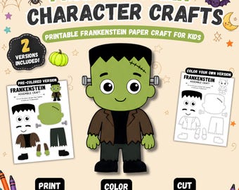 May include: A printable Frankenstein character craft set for children featuring a green monster illustration, two assembly sheets, and the text Frankenstein Character Crafts, Printable Frankenstein Paper Craft For Kids, 2 Versions Included, and Print, Colour, Cut, Assemble, Enjoy.