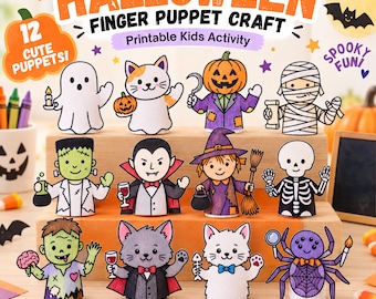 May include: A printable Halloween finger puppet craft activity featuring 12 illustrated characters including a ghost, cat, pumpkin-headed figure, mummy, Frankenstein's monster, vampire, witch, skeleton, zombie, grey cat, white cat, and a spider.