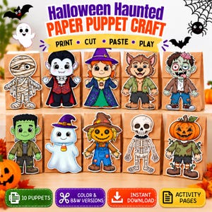Puede incluir: Un set de manualidades de marionetas de papel Halloween Haunted con diez personajes de dibujos animados que incluyen una momia, vampiro, bruja, hombre lobo, zombi, monstruo de Frankenstein, fantasma, espantapájaros, esqueleto y calabaza.