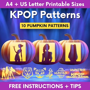 Pode incluir: Um gráfico digital com três abóboras laranja e silhuetas amarelas recortadas. O texto diz A4 + US Letter Printable Sizes, KPOP Patterns, 10 PUMPKIN PATTERNS, HUNTRAX KPOP DEMON HUNTERS e FREE INSTRUCTIONS + TIPS.