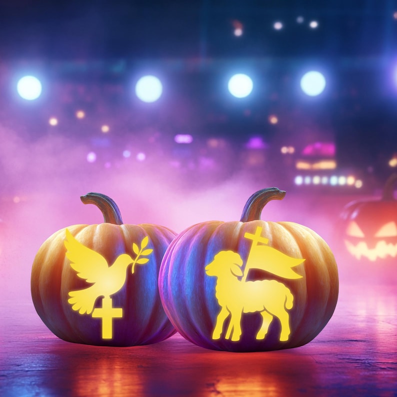 May include: Two orange pumpkins carved with glowing yellow designs. The left pumpkin features a dove holding an olive branch above a cross. The right pumpkin displays a lamb holding a flag with a cross. Both pumpkins emit a bright light.