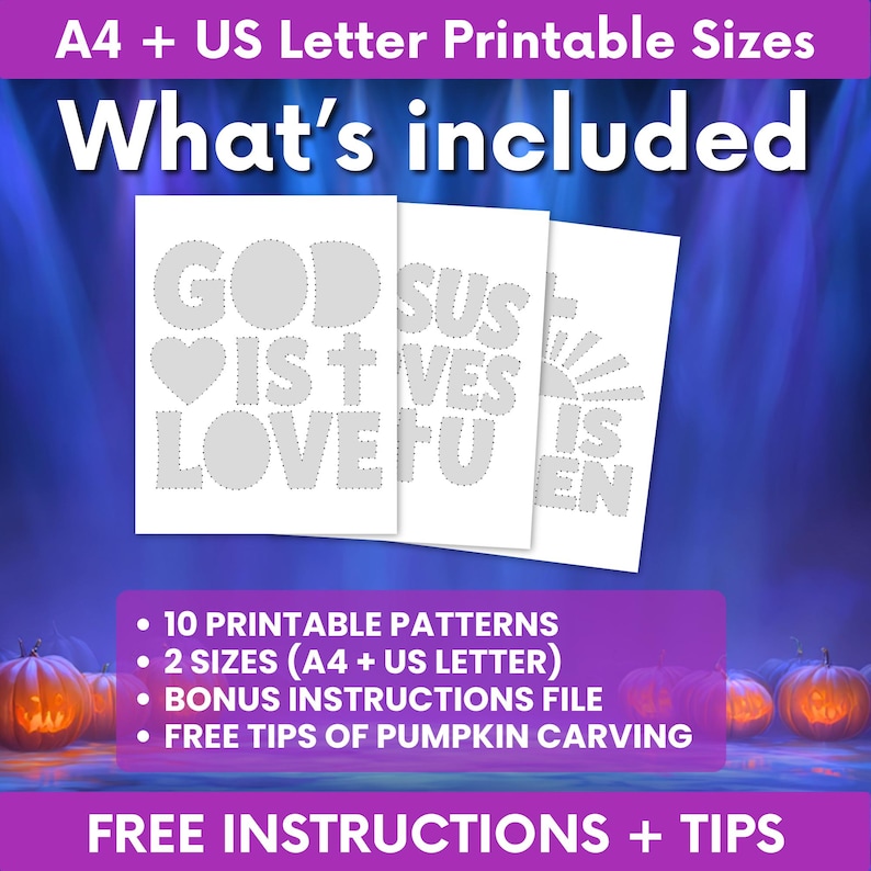 May include: A digital download set featuring 10 printable pumpkin carving patterns in A4 and US Letter sizes. The text includes 'GOD IS LOVE', 'JESUS LOVES U', and 'HE IS RISEN'. Includes a bonus instructions file and free carving tips.