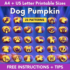 Peut inclure: Une collection numérique de 25 modèles de sculpture de citrouille sur le thème des chiens, avec diverses silhouettes canines, empreintes de pattes et os. L'image inclut le texte A4 + US Letter Printable Sizes, Dog Pumpkin, 25 PATTERNS, et FREE INSTRUCTIONS + TIPS.
