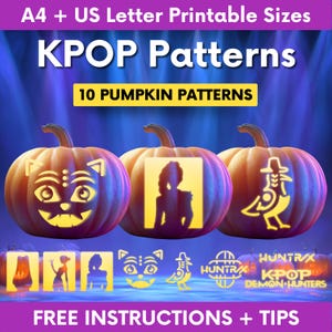 May include: A digital graphic featuring three orange pumpkins with glowing yellow cutouts of a cat face, a silhouette, and a bird figure. Below are yellow stencils and text reading KPOP Patterns, 10 Pumpkin Patterns, and Huntrux Kpop Demon Hunters.