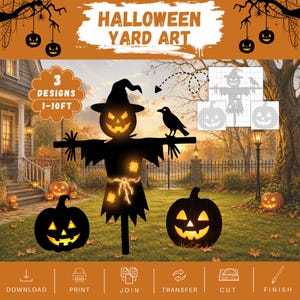 May include: Halloween yard art digital file set featuring three black silhouette designs: a scarecrow with a crow on its arm and two jack-o'-lanterns. The text reads HALLOWEEN YARD ART, 3 DESIGNS 1-10FT, DOWNLOAD, PRINT, JOIN, TRANSFER, CUT, FINISH.