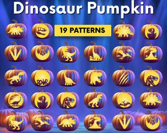 May include: A digital collection of 19 dinosaur pumpkin carving patterns featuring various prehistoric creatures and volcanic scenes. The graphic displays orange pumpkins with glowing yellow silhouettes against a blue background with text.