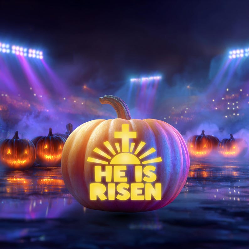 May include: A bright orange pumpkin featuring a glowing yellow cutout design of a cross above a rising sun with the text HE IS RISEN. The pumpkin is positioned in the centre with other glowing jack-o'-lanterns visible in the dark background.