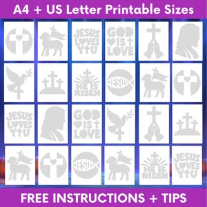 May include: A digital collection of twenty-four white religious stencils on a dark background, featuring designs of lambs, crosses, doves, praying hands, and text including Jesus Loves You, God Is Love, and He Is Risen, in A4 and US Letter sizes.