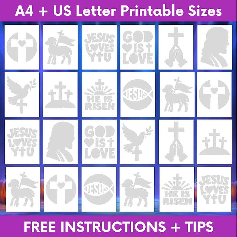 May include: A digital collection of twenty-four white religious stencils on a dark background, featuring designs of lambs, crosses, doves, praying hands, and text including Jesus Loves You, God Is Love, and He Is Risen, in A4 and US Letter sizes.